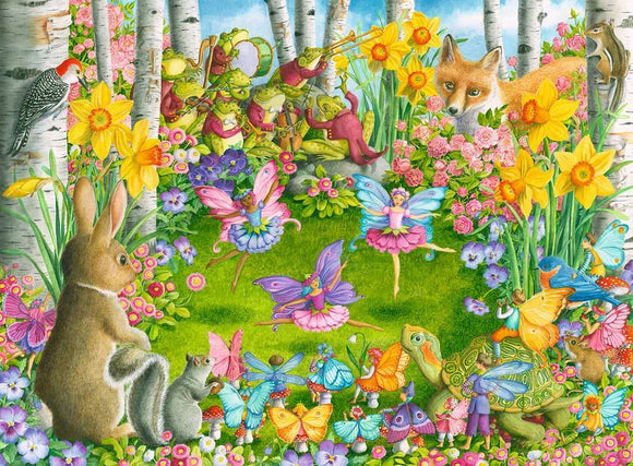 A captivating 100-piece jigsaw puzzle featuring a whimsical fairy ballet scene. The illustration includes vibrant flowers, playful butterflies, and charming woodland animals like a fox, bunny, and squirrel amidst birch trees. Fairies in colorful dresses dance joyfully in a lush garden filled with daffodils and roses, creating a magical atmosphere.