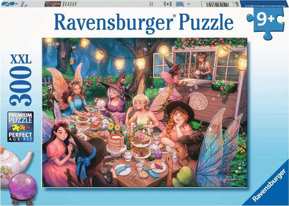 Enchanting Brew 300 piece jigsaw puzzle by Ravensburger, featuring a whimsical outdoor scene with fairies enjoying a tea party surrounded by delicious treats, colorful flowers, and twinkling lights. The artwork depicts five fairies in vibrant outfits, each engaging with various desserts and drinks, creating a magical atmosphere perfect for puzzle lovers.