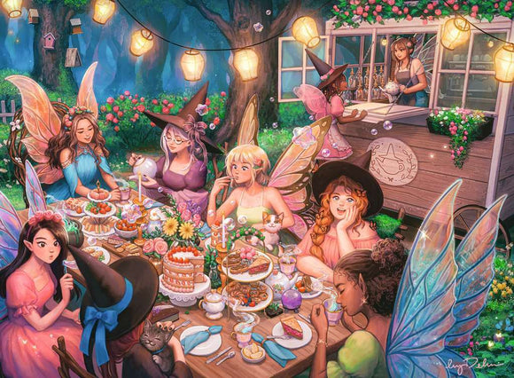 A vibrant 300-piece jigsaw puzzle titled 'Enchanting Brew' by Ravensburger. The artwork depicts a magical scene with fairies gathered around a festive table filled with delicious treats, cakes, flowers, and drinks, set in a whimsical landscape with twinkling lights and greenery.
