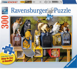 A colorful jigsaw puzzle titled 'Cat's Got Mail' by Ravensburger featuring an illustration of playful cats around various mailboxes. The scene includes several cats of different breeds and colors, engaging with the mailboxes in a whimsical setting. The puzzle has 300 pieces, designed with large, easy-to-handle pieces for enjoyable assembly.