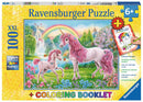 Ravensburger jigsaw puzzle featuring a dreamy scene with two magical unicorns in a vibrant, colorful landscape, complete with flowers, a rainbow, and a coloring booklet for added creative fun. Suitable for ages 6 and up.