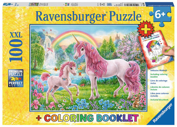 A colorful box of a jigsaw puzzle titled 'Magical Unicorns' by Ravensburger. The box features a whimsical illustration of two unicorns in a vibrant landscape with a rainbow, flowers, and a waterfall. It includes a coloring booklet for added fun, suitable for ages 6 and up.