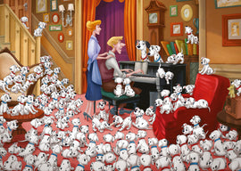 A colorful jigsaw puzzle featuring a whimsical scene from 101 Dalmatians. The image shows a cozy living room filled with animated Dalmatians, as a couple enjoys playing music together at a piano. The room is adorned with warm colors, dog-themed decorations, and playful puppies in various poses.