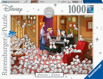 A jigsaw puzzle box featuring a colorful illustration from Disney's 101 Dalmatians. The image shows various Dalmatian puppies playfully interacting in a cozy living room, with a character seated at a piano while another character stands nearby. The vibrant scene captures the playful spirit and charm of the classic movie. This is a 1000-piece collector's edition puzzle made by Ravensburger.