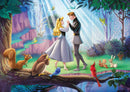 A beautifully illustrated jigsaw puzzle titled 'Sleeping Beauty' by Ravensburger, depicting Princess Aurora dancing with Prince Phillip surrounded by woodland creatures in a magical forest setting filled with vibrant colors.