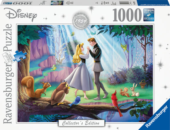 Ravensburger Sleeping Beauty jigsaw puzzle featuring a vibrant illustration of Princess Aurora and Prince Phillip in a magical forest setting. Surrounded by whimsical animals like squirrels, birds, and rabbits, the puzzle is designed for collectors, celebrating the 1959 Disney classic. The box displays high-quality graphics and includes 1000 pieces.