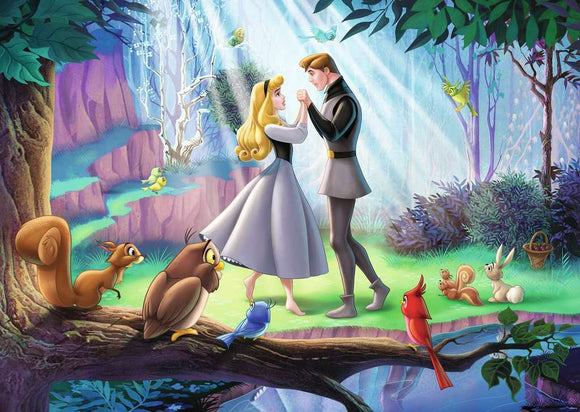 A colorful jigsaw puzzle featuring a scene from Sleeping Beauty. The illustration shows a blonde princess in a white gown dancing with a prince in a forest. Surrounding them are various friendly animals like squirrels, an owl, a rabbit, and colorful birds amidst lush greenery and sunlight shining through the trees.