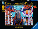 Ravensburger Winter Moose jigsaw puzzle featuring a colorful, stylized moose against an abstract background of trees and geometric shapes. The box showcases vibrant colors and intricate details, designed for puzzle enthusiasts. The puzzle contains 1000 pieces and is part of the Canadian Collection, emphasizing premium quality and Softclick technology.