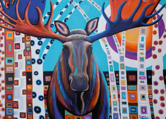A colorful jigsaw puzzle featuring a close-up illustration of a moose with large antlers. The moose is centered among vibrant, abstract trees and a bright, multi-colored background, showcasing artistic patterns and shapes.