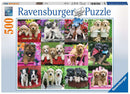 Ravensburger Puppy Pals 500-piece jigsaw puzzle featuring adorable puppy photographs arranged in a colorful grid. Images showcase various breeds in playful poses, making it a delightful challenge for puzzle enthusiasts and dog lovers alike.