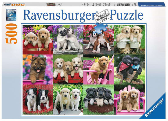 Puppy Pals 500 pc puzzle by Ravensburger, featuring a vibrant collage of adorable puppies in various settings, showcasing different breeds and playful poses. The box displays colorful images of Golden Retrievers, Pugs, and more, appealing to dog lovers and puzzle enthusiasts.