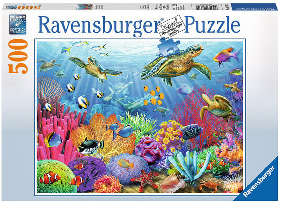 Ravensburger 500-piece jigsaw puzzle titled 'Tropical Waters', featuring a vibrant underwater scene populated with colorful coral reefs, various fish species, and turtles swimming in a serene ocean. The design showcases intricate details in marine life and vivid colors, perfect for ocean lovers and puzzle enthusiasts.