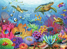 A vibrant jigsaw puzzle titled 'Tropical Waters' depicting a bustling underwater scene featuring colorful coral reefs, various fish species, and sea turtles swimming amidst a backdrop of shimmering blue water and rays of sunlight penetrating the surface.