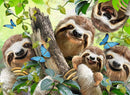 A vibrant jigsaw puzzle featuring adorable sloths posing for a selfie surrounded by lush greenery and colorful butterflies. The scene showcases multiple cheerful sloths with playful expressions, emphasizing their unique charm in a lively natural setting.