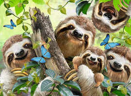A vibrant jigsaw puzzle featuring adorable sloths posing for a selfie surrounded by lush greenery and colorful butterflies. The scene showcases multiple cheerful sloths with playful expressions, emphasizing their unique charm in a lively natural setting.