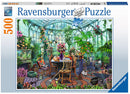 Ravensburger Jigsaw Puzzle titled 'Greenhouse Morning', featuring a lush greenhouse scene filled with vibrant flowers, plants, and an inviting garden table setting, complete with an array of gardening tools and decorations. This puzzle contains 500 pieces, showcasing detailed artwork that captures the essence of a serene morning in a botanical paradise.