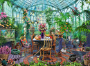 A lush, vibrant jigsaw puzzle depicting an indoor greenhouse filled with an array of colorful flowers, greenery, and a cozy seating area. The scene features a dining table adorned with a vase of flowers, fruit, and gardening tools scattered around. The light filters through the glass ceiling, illuminating the vivid decorations and various plants, creating a tranquil and inviting atmosphere perfect for gardening enthusiasts.