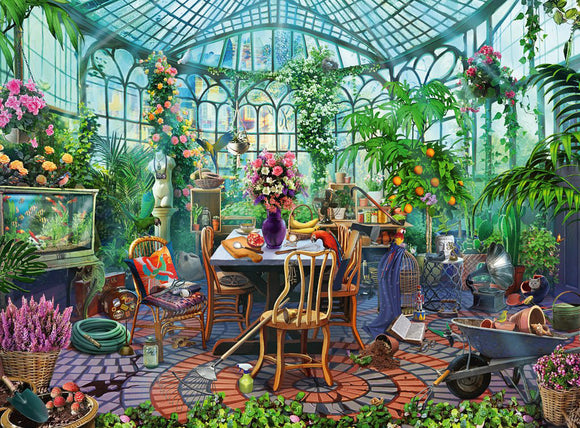 A lush, vibrant jigsaw puzzle depicting an indoor greenhouse filled with an array of colorful flowers, greenery, and a cozy seating area. The scene features a dining table adorned with a vase of flowers, fruit, and gardening tools scattered around. The light filters through the glass ceiling, illuminating the vivid decorations and various plants, creating a tranquil and inviting atmosphere perfect for gardening enthusiasts.
