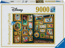 Ravensburger Disney Museum jigsaw puzzle featuring a vibrant display of framed Disney character artworks. The puzzle contains intricate illustrations of characters like Snow White, Ariel, and Mickey Mouse set against a textured background. It offers a premium puzzle experience with 9000 pieces designed for adult puzzle enthusiasts.