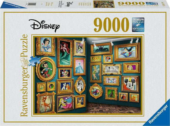 Ravensburger Disney Museum jigsaw puzzle featuring a vibrant display of framed Disney character artworks. The puzzle contains intricate illustrations of characters like Snow White, Ariel, and Mickey Mouse set against a textured background. It offers a premium puzzle experience with 9000 pieces designed for adult puzzle enthusiasts.