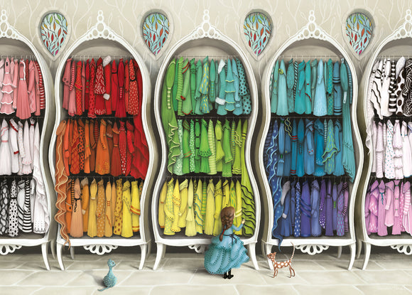 A whimsical jigsaw puzzle titled 'Fantastic Fashionist' by Ravensburger, showcasing a beautifully illustrated wardrobe filled with colorful dresses. A girl in a blue dress admires the vibrant outfits, while a playful cat explores the scene. The intricate design features shelves brimming with dresses in various colors, from warm reds and oranges to cool blues and greens, set in a charming, artistic presentation.