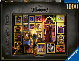 The Disney Villainous: Jafar jigsaw puzzle by Ravensburger features a colorful collage of Jafar alongside other iconic Disney villains. It showcases detailed illustrations within elegant frames, capturing the mischievous essence of each character. The puzzle contains 1000 pieces, making it a perfect challenge for fans of Disney and puzzle enthusiasts alike.