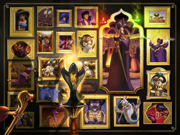 A visually stunning jigsaw puzzle featuring the character Jafar from Disney's Aladdin. The background showcases a collection of framed images depicting iconic characters like Jasmine, Aladdin, and the Genie, all surrounded by ornate golden frames. Jafar stands prominently, holding his staff, while magical flames glow at the base of a decorative piece.