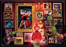 A beautifully illustrated jigsaw puzzle featuring the Queen of Hearts from Disney's Alice in Wonderland. The artwork showcases the Queen in a striking pose, surrounded by various iconic characters from the story, like Alice, the Cheshire Cat, and the Mad Hatter. The rich red and gold frames create an elegant gallery backdrop, adding a whimsical touch to the scene.