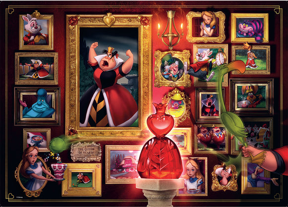 A beautifully illustrated jigsaw puzzle featuring the Queen of Hearts from Disney's Alice in Wonderland. The artwork showcases the Queen in a striking pose, surrounded by various iconic characters from the story, like Alice, the Cheshire Cat, and the Mad Hatter. The rich red and gold frames create an elegant gallery backdrop, adding a whimsical touch to the scene.