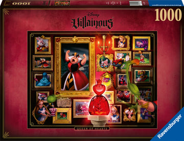 Disney Villainous: Queen of Hearts jigsaw puzzle by Ravensburger featuring vibrant artwork. The puzzle showcases the Queen of Hearts surrounded by iconic characters from Alice in Wonderland, including the Mad Hatter, Cheshire Cat, and the White Rabbit. The colorful packaging highlights the 1000 pieces, making it ideal for fans of Disney and puzzle enthusiasts alike.