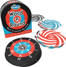 Word A Round game by Thinkfun, featuring a circular packaging design. The set includes colorful, spiraled cards with letters arranged in a circular pattern, inviting players to race against each other to form words. Ideal for ages 10 and up, this fast-paced card game enhances vocabulary and critical thinking skills.
