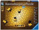 Ravensburger Krypt Gold jigsaw puzzle box featuring a unique spiral design in shades of gold and black. The packaging highlights premium quality with Softclick technology. It presents an engaging challenge as pieces are shaped uniquely, intended for puzzling without a reference image.