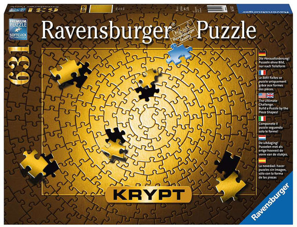 Ravensburger Krypt Gold jigsaw puzzle box featuring a unique spiral design in shades of gold and black. The packaging highlights premium quality with Softclick technology. It presents an engaging challenge as pieces are shaped uniquely, intended for puzzling without a reference image.