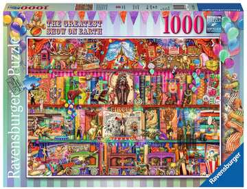 The Greatest Show on Earth jigsaw puzzle by Ravensburger, featuring a vibrant and intricate design showcasing scenes from a circus, including performers, animals, and festive decorations. The puzzle comes in a colorful box with 1000 pieces, designed for puzzle enthusiasts of all ages.