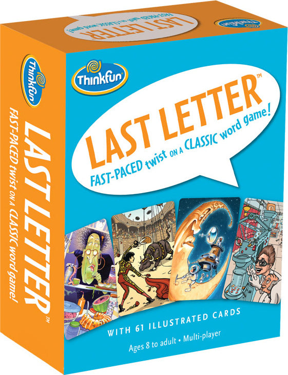 The Last Letter game by Thinkfun features a vibrant box design. The packaging includes the game title prominently displayed in orange, along with the tagline 'Fast-Paced twist on a CLASSIC word game!' The sides of the box showcase illustrated cards with various colorful graphics, indicating the game involves a creative and interactive gameplay experience. Suitable for ages 8 and older, it encourages multiplayer fun.