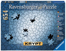 Ravensburger Krypt Silver jigsaw puzzle box featuring a unique design with interlocking puzzle pieces in shades of blue and black. The box is labeled with the puzzle's name 'Krypt' and includes the number of pieces, 654, alongside various languages describing a puzzling challenge without an image, emphasizing the necessity to build the puzzle by piece shapes.