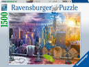 Ravensburger Seasons of New York jigsaw puzzle featuring a vibrant cityscape with changing seasons, showcasing iconic landmarks, colorful skies, and intricate details. The puzzle comes in a box with a 1500 piece count.