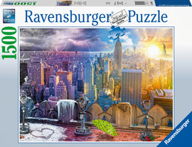 Ravensburger Seasons of New York jigsaw puzzle featuring a vibrant cityscape with changing seasons, showcasing iconic landmarks, colorful skies, and intricate details. The puzzle comes in a box with a 1500 piece count.
