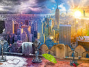 The Seasons of New York jigsaw puzzle by Ravensburger showcases a stunning panoramic view of New York City through different weather conditions. The left side depicts a snowy scene with dark clouds and lightning, while the center features a vibrant sunset illuminating the skyline. The right side reveals the iconic Statue of Liberty under a bright sun. The detailed image includes rooftop elements like binoculars, an umbrella, and snow, creating a captivating visual experience perfect for puzzle enthusiasts.