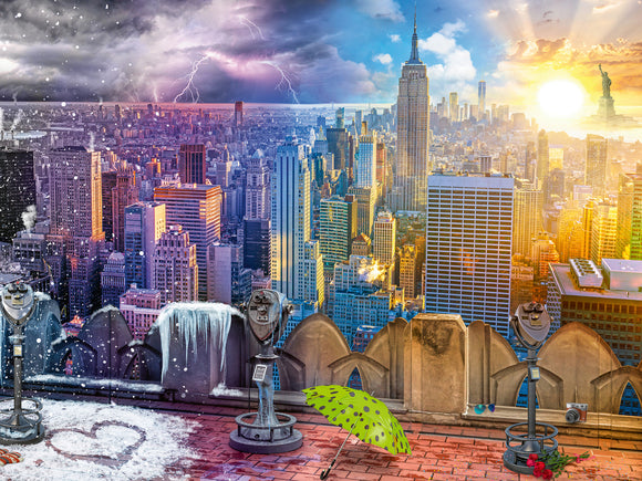 The Seasons of New York jigsaw puzzle by Ravensburger showcases a stunning panoramic view of New York City through different weather conditions. The left side depicts a snowy scene with dark clouds and lightning, while the center features a vibrant sunset illuminating the skyline. The right side reveals the iconic Statue of Liberty under a bright sun. The detailed image includes rooftop elements like binoculars, an umbrella, and snow, creating a captivating visual experience perfect for puzzle enthusiasts.