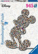 Ravensburger Shaped Mickey jigsaw puzzle featuring a colorful collage of Mickey Mouse and friends. The puzzle is shaped like Mickey himself, showcasing a vibrant assortment of his iconic poses and expressions, perfect for Disney fans and puzzle enthusiasts alike. Ideal for all ages and skill levels.
