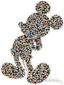 A shaped jigsaw puzzle depicting Mickey Mouse, designed by Ravensburger. The image features a collage of various Mickey Mouse illustrations in vibrant colors, forming the silhouette of Mickey. The puzzle has a unique shape that outlines Mickey's iconic ears and body.