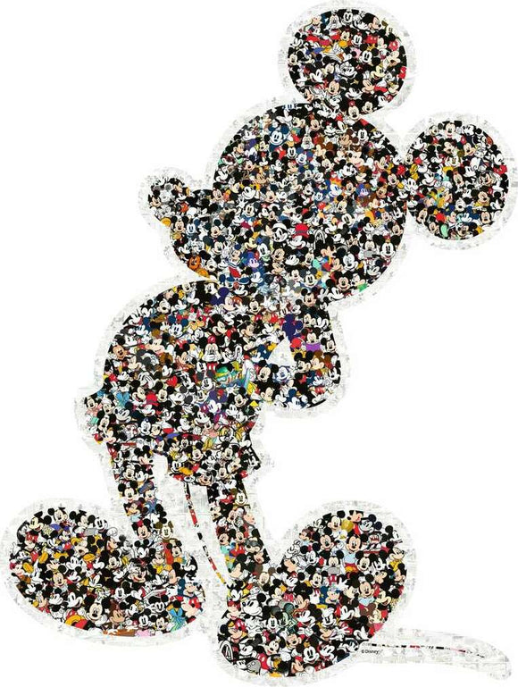 A shaped jigsaw puzzle depicting Mickey Mouse, designed by Ravensburger. The image features a collage of various Mickey Mouse illustrations in vibrant colors, forming the silhouette of Mickey. The puzzle has a unique shape that outlines Mickey's iconic ears and body.