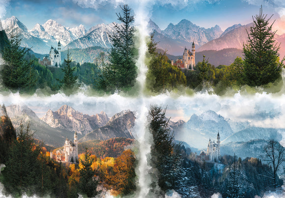 Ravensburger Neuschwanstein Seasons jigsaw puzzle showcasing a stunning landscape with Neuschwanstein Castle in different seasons. Features vibrant autumn colors, winter snow, and lush greenery, framed by majestic mountains.