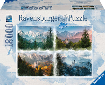 Neuschwanstein Seasons jigsaw puzzle box featuring a stunning collage of four seasonal landscapes around Neuschwanstein Castle, surrounded by majestic mountains and lush forests. The box highlights the premium quality of Ravensburger puzzles with Softclick technology, and it includes 1,800 pieces for a detailed and rewarding assembly experience.