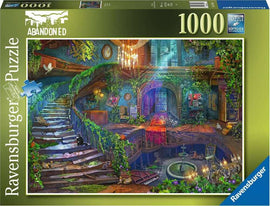 Ravensburger jigsaw puzzle titled 'Hotel Vacancy' featuring a beautifully illustrated, intricate scene of an abandoned hotel interior. The artwork includes a winding staircase, lush greenery, and various forgotten items that evoke a sense of mystery and nostalgia. The puzzle consists of 1000 pieces and is crafted using premium materials for a seamless assembly experience.