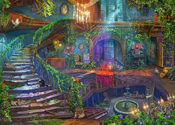 A beautifully illustrated jigsaw puzzle titled 'Hotel Vacancy' by Ravensburger, featuring an enchanting interior scene with a grand staircase, lush greenery, and various whimsical elements, such as a fountain and cats, capturing a mystical and inviting atmosphere.