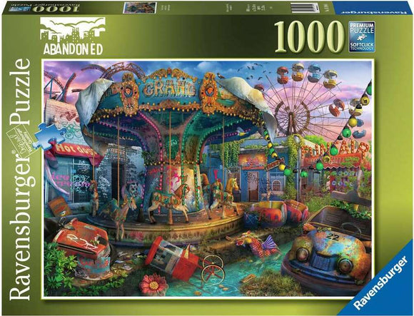 Ravensburger Gloomy Carnival jigsaw puzzle featuring a vibrant, abandoned carnival scene with a carousel, vintage cars, and a ferris wheel in a lush, overgrown setting. The puzzle has 1000 pieces and showcases intricate details and colors that bring the eerie carnival atmosphere to life.