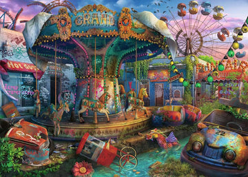 A vibrant jigsaw puzzle titled 'Gloomy Carnival' by Ravensburger, featuring a colorful, abandoned amusement park scene. The image showcases a grand carousel adorned with intricately designed horses, surrounded by overgrown plants and graffiti-covered buildings. In the background, a Ferris wheel and various derelict rides sit under a beautiful sunset sky, creating a nostalgic yet eerie atmosphere.