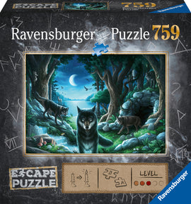 Curse of the Wolves Escape Puzzle by Ravensburger. The box features a dark forest scene with wolves, a moonlit lake, and mystical elements. Ideal for puzzle enthusiasts seeking an enchanting challenge.